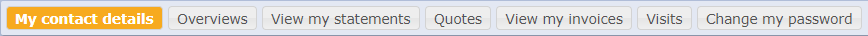The various options available to logged in customers, my contact details, overviews, statements, quotes, invoices and visits