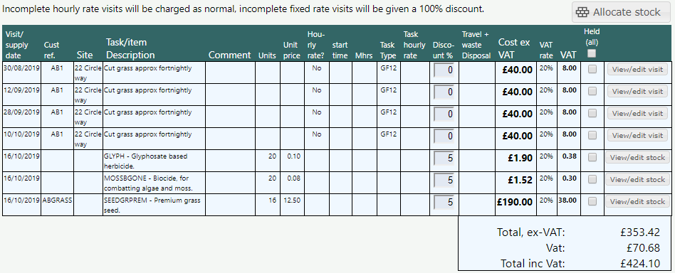 The invoice table lists all of the currently selected customers invoiceable items